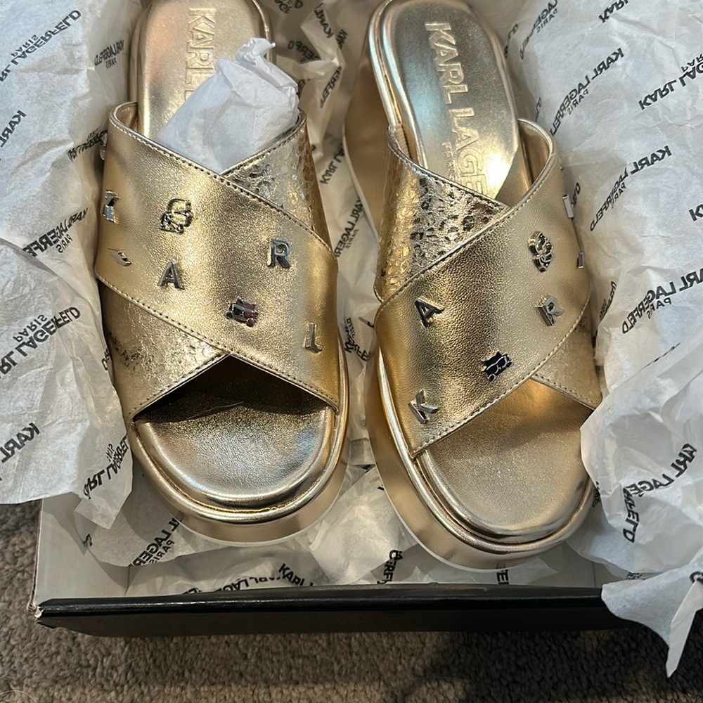 Karl Lagerfeld Gold Sandals Chic and Comfortable